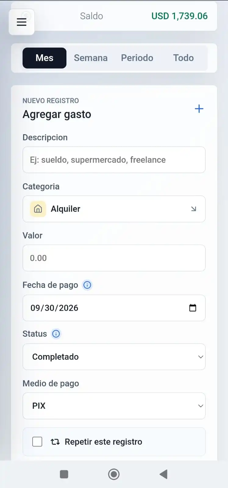 Pantalla de gastos de Finora Flow