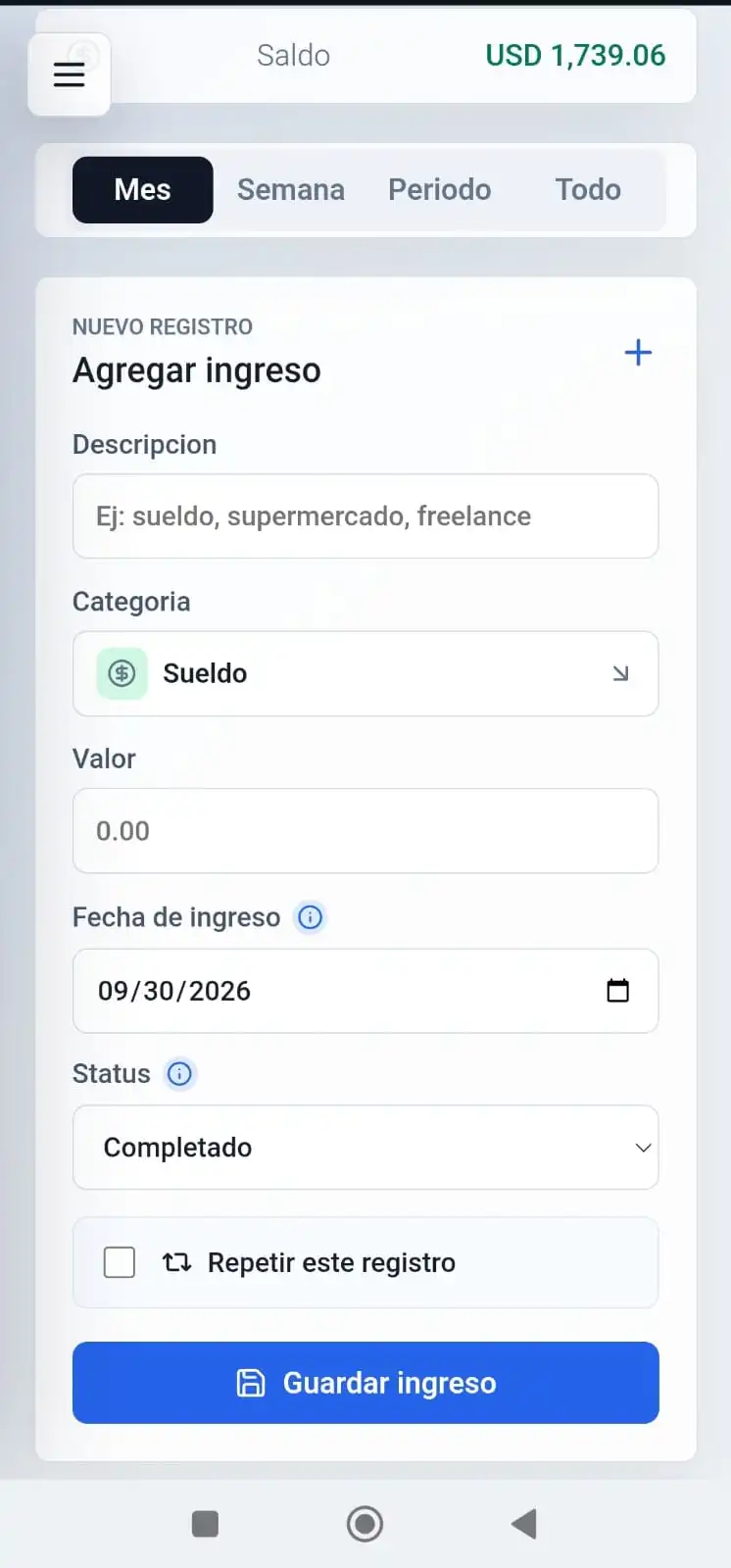 Pantalla de ingresos de Finora Flow