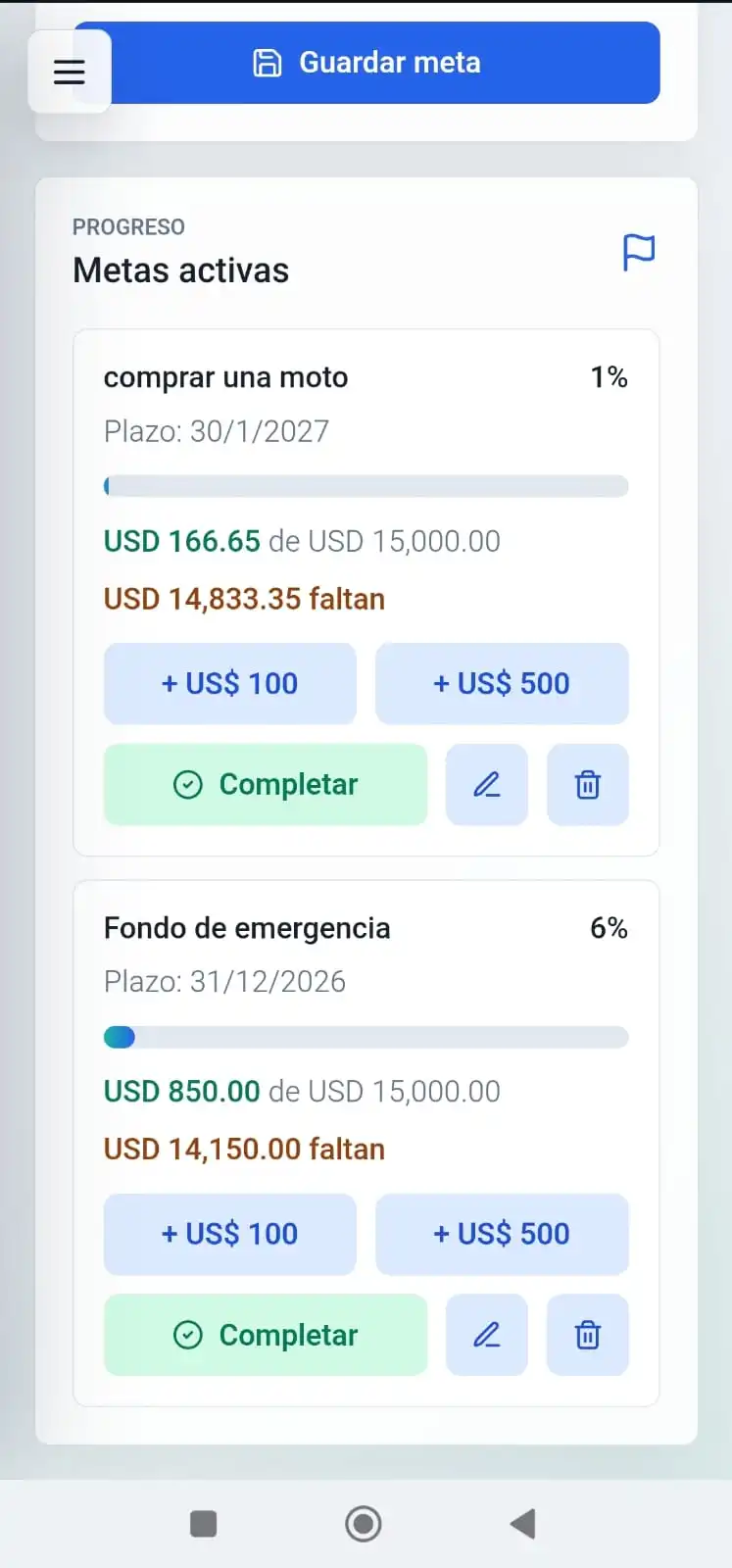 Pantalla de metas de Finora Flow
